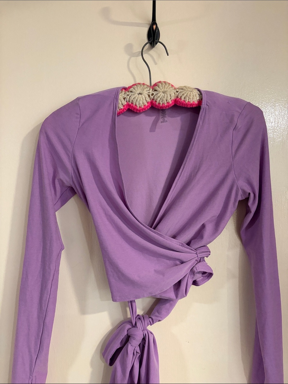 Purple Wrap Long-Sleeve Tie Crop Top